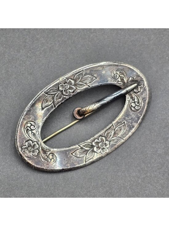 Estate Jewelry - Antique Victorian Silver Oval Belt Buckle Brooch 3" Embossed Floral Accents